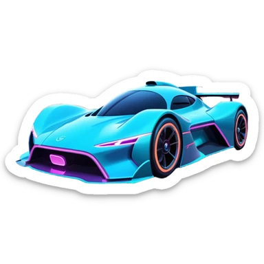 A futuristic racing car with glowing neon lights, sleek aerodynamic design, and a cyberpunk cityscape in the background. The car is speeding through a neon-lit street with high-tech buildings and holograms." sticker