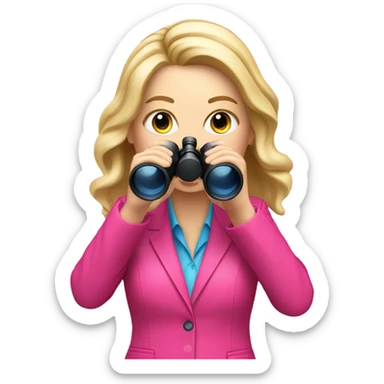 white female employee with loose blonde hair wearing intensive color pink suit looking in binoculars sticker