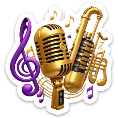 Create a vibrant and expressive emoji representing jazz vocal performance. The design should feature a vintage microphone at the center, surrounded by musical notes and soundwaves flowing outward, symbolizing the vocal improvisation and fluidity of jazz. Include key instruments often associated with jazz vocals, such as a jazz piano (stylized black keys) in the background and a saxophone or trumpet, giving it a true jazz vibe. Add soft lighting effects to evoke the intimate, atmospheric feel of a jazz club. Use rich colors like gold, black, deep purple, and red to reflect the soulful, smooth nature of jazz. The background should be transparent. sticker