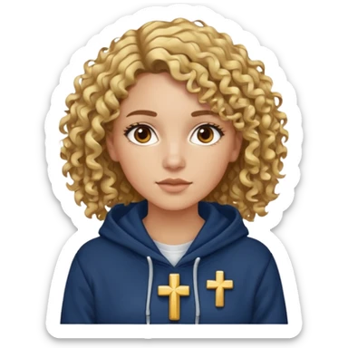 woman with curly brown hair and blonde highlights, brown eyes, and a gold cross necklace over a navy hoodie. sticker