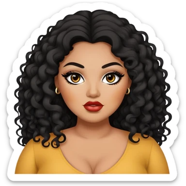 big plus size, darker tan skin, long black curly hair, baddie,pretty, makeup, lipliner, black eyeliner, long thin hair sticker