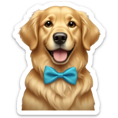A golden retriever happy with a bow tie sticker