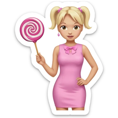 Emma Bunton with long blonde ponytails wearing light pink bodycon dress holding a lollipop sticker