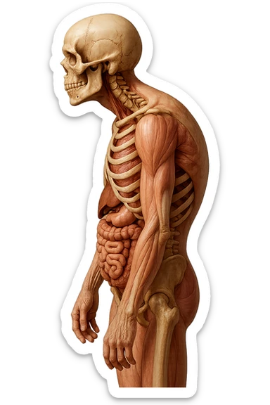corpo UMANO ANATOMICO di profilo con spalle chiuse in avanti, postura errata, iperrealistico 4k sticker