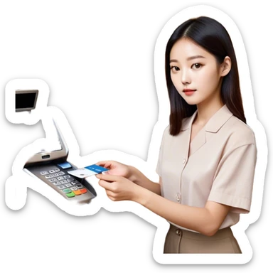 “An emoji-style illustration of a Korean person making a payment with a credit card. The person is holding a credit card and inserting or tapping it on a payment terminal. The scene suggests a typical transaction at a store or café counter, with a cashier or payment machine present. The person appears focused or content while completing the purchase. The style is minimalistic and expressive, resembling an emoji.” sticker