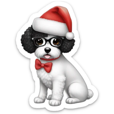 woman-black hair-bow-glasses-bichon dog-sitting-christmas hat sticker