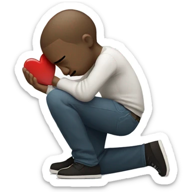 A white-skinned man kneeling and crying, trying to mend his girlfriend's broken heart. The heart is a broken emoji heart, highlighting the emotional scene. sticker