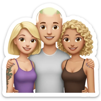throuple tatted bald boyfriend with two girlfriends, one long blonde hair, other short curly brunette  sticker
