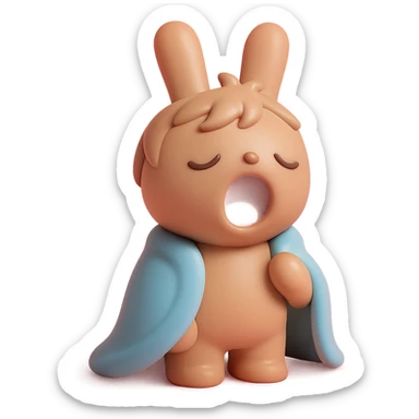 full-body pale brown bunny yawning with messy hair, blanket over shoulders, vinyl figure style sticker