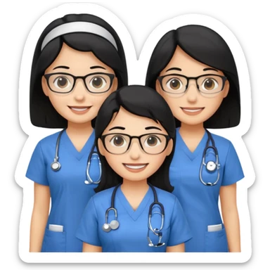 Genera emogis de 4 cuatro enfermeras de cabello negro largo, una de ellas con lentes sticker