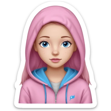 Create a TEENAGE girl with LONG and straight light brunette hair with a middle part, light skin, light freckles, and blue-gray eyes. She will have pink lips and LONG eyelashes. She will be wearing a light pink zip-up hoodie that is off her shoulder. sticker