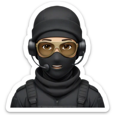Futuristic special forces soldier wearing a white knit full-face balaclava, black wraparound tactical sunglasses, and a black backward cap over the balaclava. The soldier has a large professional military headset with a microphone. He is dressed in a black hoodie, with no tactical vest or armor. sticker