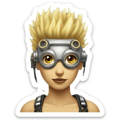 Light yellow Mohawk hair female cyborg head, tan skin, steampunk goggles and circuits sticker