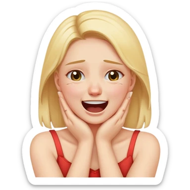 A girl holding her neck with her hands and her arms crossing with her face making a crying/laughing face sticker