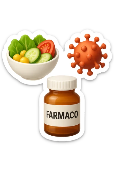 EMOJI STILE IPHONE DI una bowl di insalata, una boccetta di farmaco con la scritta "FARMACO" SULLA BOCCETTA E UN VIRUS, FLUTTUANO IN ARIA, IPERREALISTICO 4K sticker
