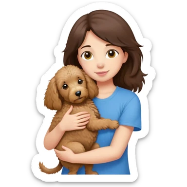 One girl with medium long dark brown hair dressing baby pink T-shirt, hugging One little brown coated labradoodle and a yellow-headed, blue-bellied macaw sticker