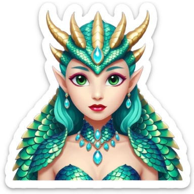 A gorgeous dragon woman with glittering jeweled scales covering her body and face. She has large almond shaped eyes, lush lips, and she wears a stunning luminescent gown. sticker