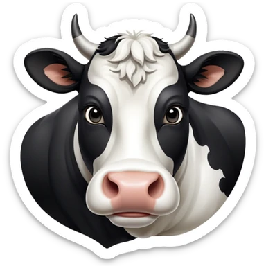 cinematic-noble-black-and-white-cow-portrait-emoji,-poised-and-regal,-with-a-large,-sturdy-build-and-a-beautifully-patterned-hide-of-rich-black-accented-by-crisp-white-patches,-deep-set-soulful-brown-eyes,-simplified-yet-sharp-and-sophisticated sticker