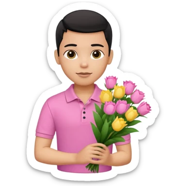 generate a pretty bratz boy wearing a pink polo shirt. Black middle part hair. handsome carrying flowers sticker