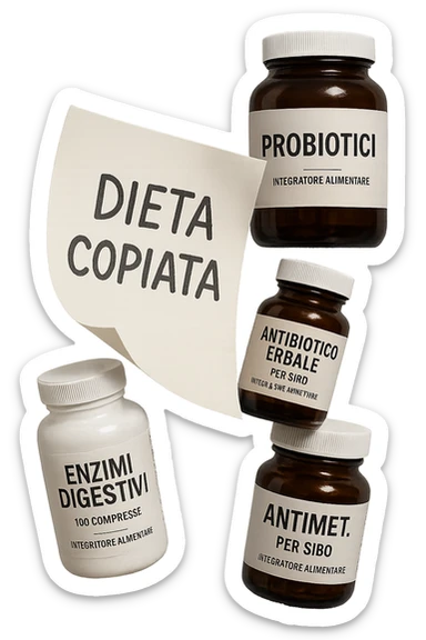 FOGLIO DI CARTA FLUTTUA IN ARIA CON LA SCRITTA "DIETA COPIATA", INSIEME A BARATTOLI DI INTEGRATORI PER CURARE IL SIBO IN ITALIANO, IPERREALISTICO 4K, NON DISEGNATO sticker