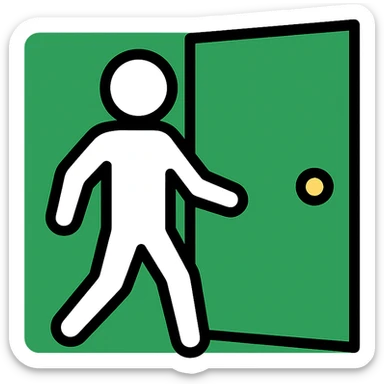 minimalistic icon of a white human figure walking through an open outlined door, viewed from the front, door with visible doorknob, solid green background, flat simple clean lines, high contrast sticker