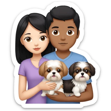 A beautiful Asian girl with long black hair is holding a small Yorkshire Terrier. She is standing next to her brown skinned boyfriend, who is holding a white Shih Tzu. They are each holding one dog each sticker