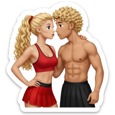 athletic man, high top fade, blonde curly hair only top only, no shirt and Athletic girl with long light red wavy long hair and black sports, Put them together kissing, or holding hands give the girl red hair and a long skirt sticker
