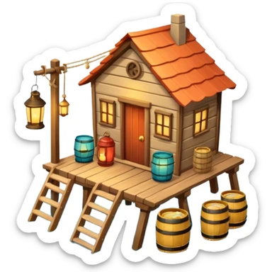 
fisherman house on a wooden pier, small dock, fishing nets hanging, barrels, lantern, ocean vibe, 3D cartoon, cute mobile game icon, clean background, no text
 sticker