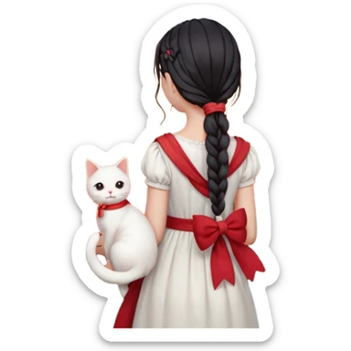 girl with long dark braid and bow, red scarf, white dress, holding white cat on shoulder, seen from behind, standing in a field at sunset, iOS emoji style, smooth glossy texture, soft lighting, kawaii, high detail, preserve all clothing and accessory details, sunset and field background sticker