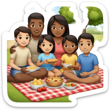 Diverse family picnic with Black parents and children with dark hair sitting on a blanket enjoying food outdoors sticker