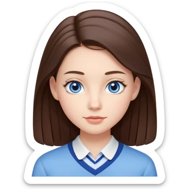 Realistic Student Portrait, with porcelain-like skin featuring a natural rosy flush, iHer Brunette Half-Up Style for Straight  hair flows in soft, Her deep blue eyes radiate warmth and innocence,  wear light blue preppy style. sticker