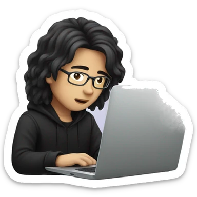 asian boy with glasses, long hair working, wearing black clothes , on his laptop  sticker