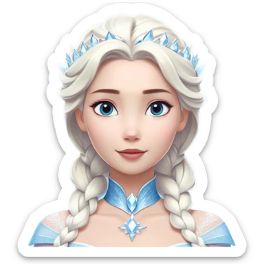 Cinematic Majestic Snow Queen Portrait Emoji, rendered in a clean, vector-style with bold, simplified shapes. Show Elsa with a serene, noble expression, luminous icy skin and gracefully styled platinum hair adorned with subtle crystalline accents, her attire minimal yet majestic. The design radiates a cool, crystalline glow with high shine and a soft glowing outline, embodying timeless, frosty elegance. sticker