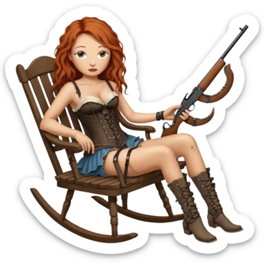realistic cinematic Tori Amos sits on a rocking chair in a torn corset, holding an antique rifle and her bare feet are muddy. A white snake is wrapped around the chair. sticker