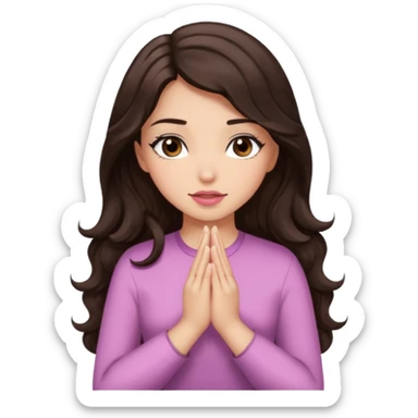 girl with wavy long glamorous dark brown hair, brown eyes, light to medium complexion, long lashes, light pink lipstick, praying sticker