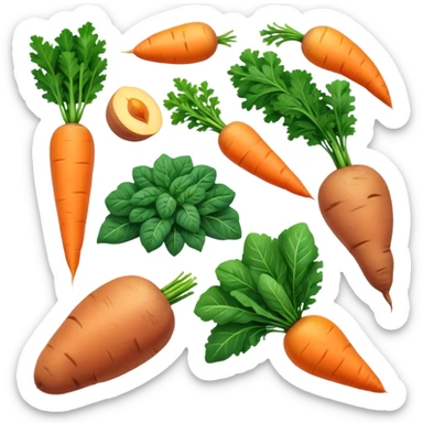 Plant sources of vitamin A (carotenoids): carrots, sweet potatoes, spinach, kale, mangoes, and apricots glowing with a soft orange-yellow light representing their provitamin A content that needs to be converted by the body. sticker
