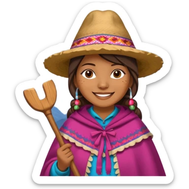 3D emoji style illustration of a Peruvian Andean farmer (woman), wearing traditional chullo hat and poncho, holding a hoe, smiling, mountains in background, bright natural colors, bold outlines, glossy sticker style, transparent background sticker