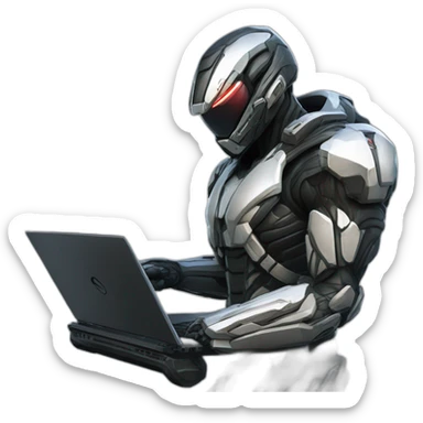Side view developer behind his laptop with this style : Crytek Crysis Video game with nanosuit hacker themed character sticker