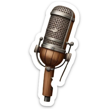 Create a traditional and warm emoji representing folk singing, using a humanless collage. The design should feature a rustic wooden microphone or an old-fashioned folk instrument like a balalaika, gusli, or a domra, placed alongside traditional elements such as a hand-woven scarf or a wooden flute. Include natural, earthy details like wildflowers, musical notes, and rustic textures, evoking the feeling of folk music in its purest form. Use warm, earthy colors like brown, gold, red, and green to create a cozy and organic vibe. The background should be transparent. sticker