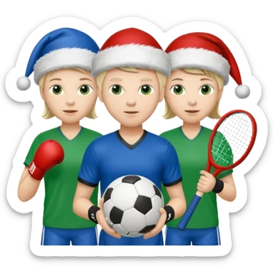 crie a imagem de 3 atletas de modalidades diferentes, usando elementos esportivos, como por exemplo bola, raquete, luvas de luta... e usando um chápeu de papai noel das cores verde e azul. sticker