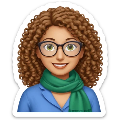 40 yr old Iranian woman, light brown very curly thick hair, shoulder length hair, green eyes, tan skin, big smile, big glasses, blue dress shirt with white scarf on neck sticker