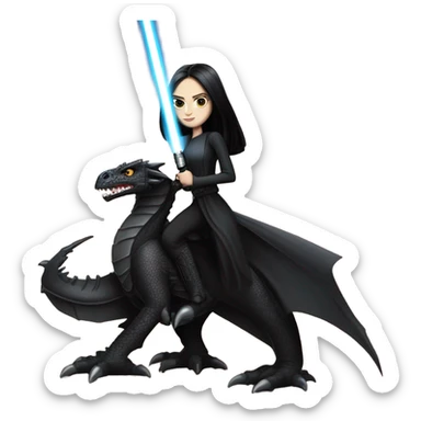 Determined and beautiful armored teen Morticia Addams Jedi riding on the back of a giant black dragon sticker