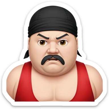Extreme close-up of face of morbidly obese white skin guy with young face, prominent BLACK DURAG tied clearly on head, black beard but no mustache, clean shaven upper lip, black eyes in a red and black wrestling singlet with angry expression sticker