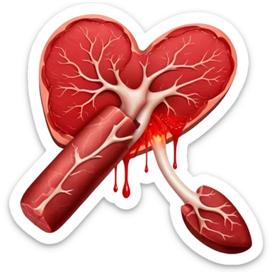 Ethereal red steaks, liver, and dark meat cuts floating alongside a glowing bone marrow. They transform into bright red blood cells that flow toward a heart at the center. The heart pulses with energy that radiates throughout a silhouette of a body, illustrating how heme iron creates vitality. sticker