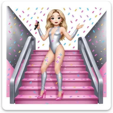 Sabrina carpenter singing at a concert wearing a silver bodysuit with kiss marks all over it  pink sparkle heels.  stage setting is very lit up with white stairs and confetti  sticker