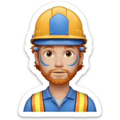 construction worker man ginger curly hair, blue helmet and face tattoo sticker