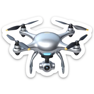 A futuristic drone emoji made of polished silver chrome, smooth rounded body, minimal propellers, reflective metallic surface, soft studio lighting, iOS emoji style, centered, clean white background sticker