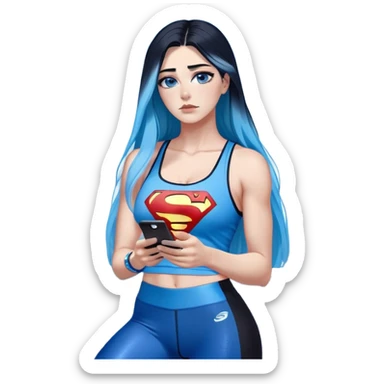 Shameful disappointed crying-very very very very big chest-texting on a samsung cell phone-very long straight flowing black to sky blue hair ombre-blue eyes-black eyeliner-long eyelashes-plastic sparkling sky blue very low cut tank top with sparkling superman logo-black leggings-nike sneakers sticker