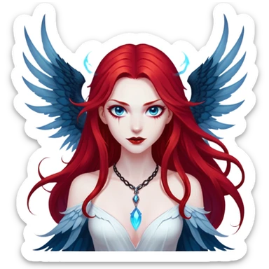 full body portrait of an extremely diabolical girl with pale white skin, massive towering wings, very long flowing blood red hair, glowing blue eyes, black hellfire aura, no horns, evil grin, no necklace sticker