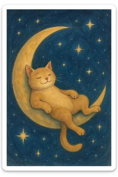 chill cat lounging on a crescent moon, surrounded by stars, dreamy atmosphere sticker